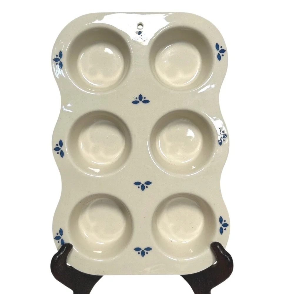 Friendship Pottery Blue Flower Cream Stoneware 6 Cup Muffin Pan Heart Wall Decor - Picture 1 of 5
